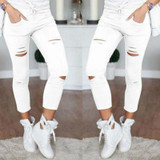 New 2018 Skinny Jeans Women Denim Pants Holes Destroyed Knee Pencil Pants Casual Trousers Black White Stretch Ripped Jeans