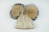 2017 Baby Girls Boys Beanie Hat Children Winter Hat With 2 Two Real Raccoon Fur Pompom Kids Knitted Beanie Baby Fur Pompon Cap