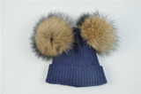 2017 Baby Girls Boys Beanie Hat Children Winter Hat With 2 Two Real Raccoon Fur Pompom Kids Knitted Beanie Baby Fur Pompon Cap