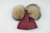 2017 Baby Girls Boys Beanie Hat Children Winter Hat With 2 Two Real Raccoon Fur Pompom Kids Knitted Beanie Baby Fur Pompon Cap
