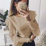 DeRuiLaDy Ruffle Lace Blouse Shirt Women Long Sleeve Floral White Blouses Female Tops Elegant Fashion Blouse Shirts blusas femme