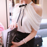 DERUILADY Off Shoulder Top Women Sexy Shirt 2018 New Summer Office Lady White Elegant Blouses Ladies Bow Chiffon Casual Blouse