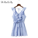 DeRuiLaDy 2018 Women summer Casual dress Ruffles V Neck Sleeveless high Waist Slim Blue Striped Dresses Sexy Backless Vestidos