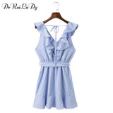 DeRuiLaDy 2018 Women summer Casual dress Ruffles V Neck Sleeveless high Waist Slim Blue Striped Dresses Sexy Backless Vestidos