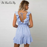 DeRuiLaDy 2018 Women summer Casual dress Ruffles V Neck Sleeveless high Waist Slim Blue Striped Dresses Sexy Backless Vestidos