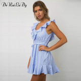 DeRuiLaDy 2018 Women summer Casual dress Ruffles V Neck Sleeveless high Waist Slim Blue Striped Dresses Sexy Backless Vestidos