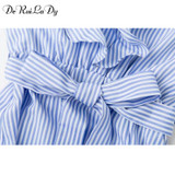 DeRuiLaDy 2017 Women summer Casual dress Ruffles V Neck Sleeveless high Waist Slim Blue Striped Dresses Sexy Backless Vestidos