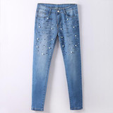 Denim Pearl Jeans Women Skinny Slim Femme Ankel Length Pearl Beading Jeans Woman 2018 With beads Low Waist Jean Women Bottom
