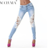 Denim Jeans Womens Sexy Lace Stitching High Waist Pencil Pants Hole Ripped Jeans For Women Plus Size XXXL Skinny Jeans Female