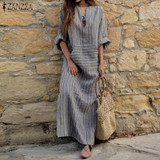 2018 Autumn ZANZEA Women Striped Dress Sexy V Neck Long Sleeve Maxi Long Dresses Vintage Casual Loose Plus Size Vestidos