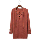 Autumn Winter Lace Up Front Knitted Sweater Women Sexy V-Neck Long Sleeve Long Sweater