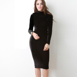 Autumn Winter Fashion Midi Pencil Dress Women Turtleneck Long Sleeve Sexy Velvet Dress Velvet High Neck Bodycon Dress