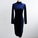 Autumn Winter Fashion Midi Pencil Dress Women Turtleneck Long Sleeve Sexy Velvet Dress Velvet High Neck Bodycon Dress