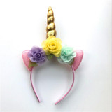 2018 Glitter Metallic Unicorn Headband Girls Chiffon Flowers Hairband For Kids leaf flower Unicorn Horn Party Hair Accessories
