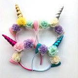 2018 Glitter Metallic Unicorn Headband Girls Chiffon Flowers Hairband For Kids leaf flower Unicorn Horn Party Hair Accessories