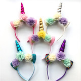 2018 Glitter Metallic Unicorn Headband Girls Chiffon Flowers Hairband For Kids leaf flower Unicorn Horn Party Hair Accessories