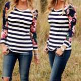 2018 Fashion Women T-Shirts O Neck Striped Floral Printed Long Sleeve Loose Autumn Casual Top Female T Shirt Ladies Tops Tee