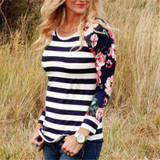 2018 Fashion Women T-Shirts O Neck Striped Floral Printed Long Sleeve Loose Autumn Casual Top Female T Shirt Ladies Tops Tee