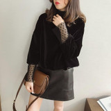 Autumn Turtleneck Lace Patchwork Velvet Hoodies Women Tops Loose Casual Velvet Hoodies Pullovers Sweatshirts