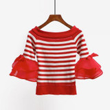 2018 fashion korean crop top white sweater women organza flare sleeve stripes knitted pullover blusa woman slash neck knit shirt