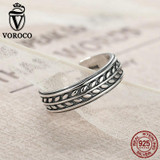 VOROCO Vintage Authentic 925 Sterling Silver Relief Leaf Wicker Adjustable Band Open Ring for Women &amp; Man Fine Jewelry VSR009