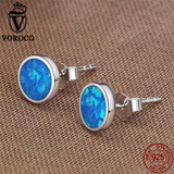 VOROCO Genuine 925 Sterling Silver Minimalist Simple Round Blue Fire Opal Stone Unique Stud Earrings Women Jewelry Brinco VSE090