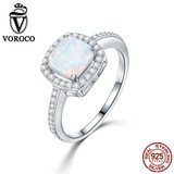 VOROCO 925 Sterling Silver Ring Women Genuine Princess Square Opal Rings for Women Engagement Wedding Party Fine Jewelry