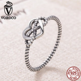 VOROCO Authentic 925 Sterling Silver Love Twisting Rope and Ribbon Vintage Minimalist Rings For Women Fine Jewelry VSR086