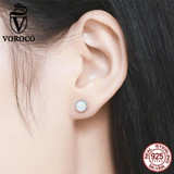 VOROCO 925 Sterling Silver Geometric Round Luxury White Round Opal Stone Stud Earring For Women Wedding Fine Jewelry VSE038