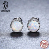 VOROCO 925 Sterling Silver Geometric Round Luxury White Round Opal Stone Stud Earring For Women Wedding Fine Jewelry VSE038