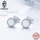 VOROCO 925 Sterling Silver Geometric Round Luxury White Round Opal Stone Stud Earring For Women Wedding Fine Jewelry VSE038