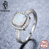 VOROCO 2017 Genuine 925 Sterling Silver Classical Princess Square Opal Stone Rings for Women Wedding Fine Jewelry VSR075