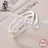 VOROCO 2017 Authentic 925 Sterling Silver Twisting Romance Natural Freshwater Pearl Rings for Women Ring Fine Jewelry VSR081