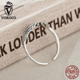 VOROCO 2017 Hot Sale Authentic 925 Sterling Silver Feather  Vintage Band Cuff Adjustable Open Ring for Women Fine Jewelry VSR045