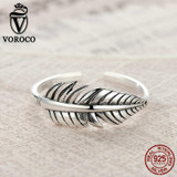 VOROCO 2017 Hot Sale Authentic 925 Sterling Silver Feather  Vintage Band Cuff Adjustable Open Ring for Women Fine Jewelry VSR045