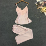 Voplidia Pyjamas women Pajamas Set Top Long Pant Faux Silk Lace Bow V-neck Sleepwear Lace Lingerie Sleeveless Women Lingerie Voplidia Pyjamas women Pajamas Set Top Long Pant Faux Silk Lace Bow V-neck Sleepwear Lace Lingerie Sleeveless Women Lingerie