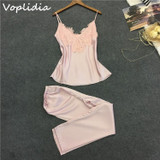 Voplidia Pyjamas women Pajamas Set Top Long Pant Faux Silk Lace Bow V-neck Sleepwear Lace Lingerie Sleeveless Women Lingerie Voplidia Pyjamas women Pajamas Set Top Long Pant Faux Silk Lace Bow V-neck Sleepwear Lace Lingerie Sleeveless Women Lingerie
