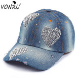 VONRU Brand New Crystal Baseball Cap Women Heart Shape Rhinestones Vintage Jean Cotton Baseball Caps for Female Hot Sale