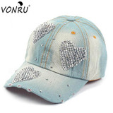 VONRU Brand New Crystal Baseball Cap Women Heart Shape Rhinestones Vintage Jean Cotton Baseball Caps for Female Hot Sale