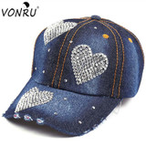 VONRU Brand New Crystal Baseball Cap Women Heart Shape Rhinestones Vintage Jean Cotton Baseball Caps for Female Hot Sale