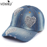 VONRU Brand New Crystal Baseball Cap Women Heart Shape Rhinestones Vintage Jean Cotton Baseball Caps for Female Hot Sale