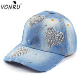 VONRU Brand New Crystal Baseball Cap Women Heart Shape Rhinestones Vintage Jean Cotton Baseball Caps for Female Hot Sale