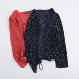 2017 Cute Style Summer Chiffon Tile Star Pattern Printed Ruffles Long Sleeve Blouse Female V-neck Top Blouse