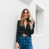 2017 Cute Style Summer Chiffon Tile Star Pattern Printed Ruffles Long Sleeve Blouse Female V-neck Top Blouse