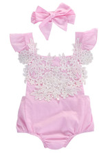 2017 Cute Newborn Baby Girls Romper Lace Floral Pink Romper Jumpsuit+Headband Outfits Sunsuit Clothes