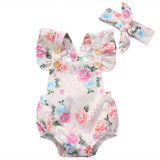 2017 Cute Floral Infant Baby Girls Summer Flower Romper Sunsuit+Headband Cotton Outfits Set Clothes