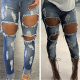 2017 COOL Women Denim Skinny Ripped Pants High Waist Stretch Hole Jeans Slim Pencil Trousers