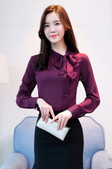2018 new bow neck women's clothing spring long-sleeved chiffon women blouse shirt solid purple formal women tops blusas D304 30
