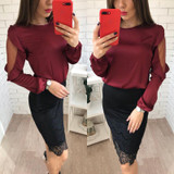 2018 New Arrival Women Chiffon Tops Casual O-Neck Long Sleeves Mesh Patchwork Blouses Fashion Autumn Lantern Sleeve Shirts