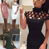 Autumn High Neck Hollow Out Evening Party Mini Dress Sexy Short Sleeve Women Bodycon Bandage Dresses